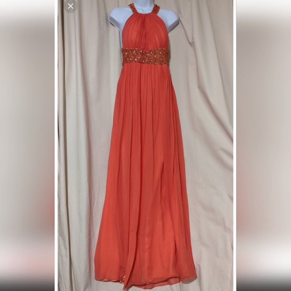 Aidan Mattox orange Coral silk Halter Sequin maxi dress gown 6